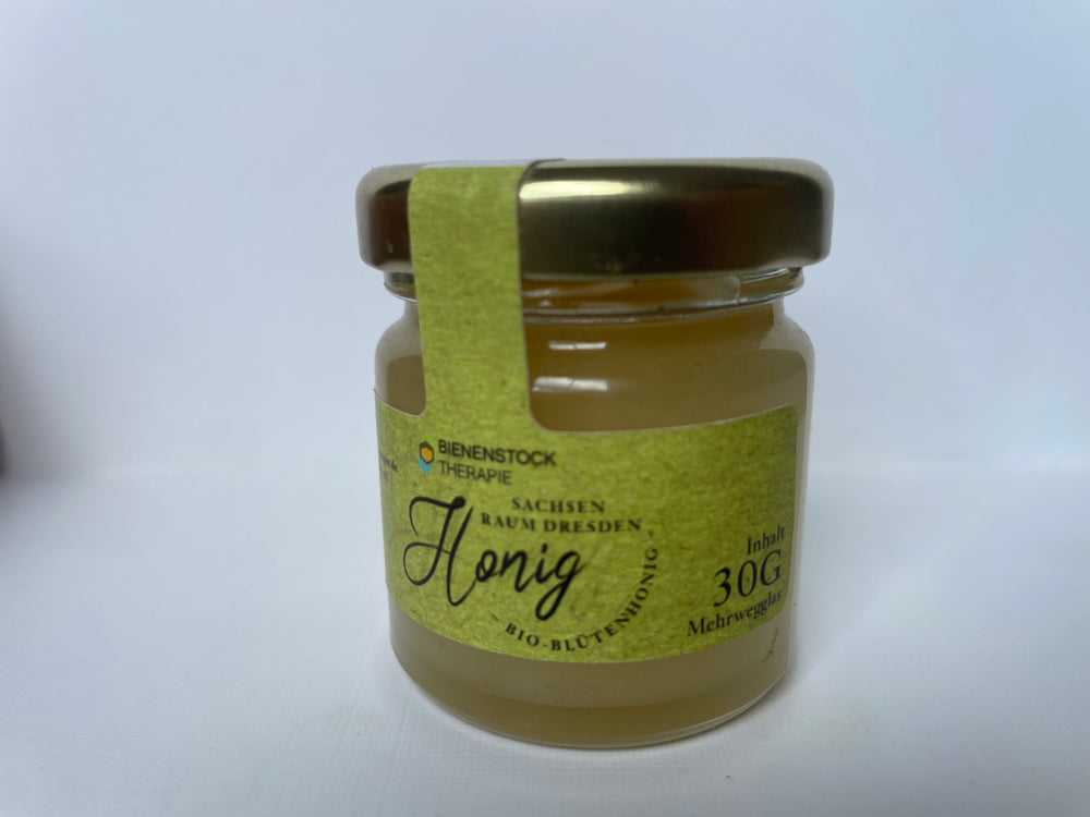 Seitliche Ansicht Bio Honig Probierglas / Miniglas