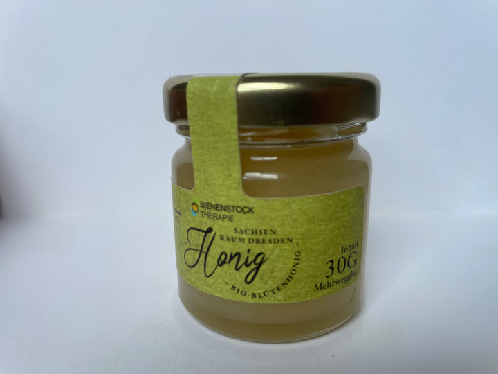 Seitliche Ansicht Bio Honig Probierglas / Miniglas