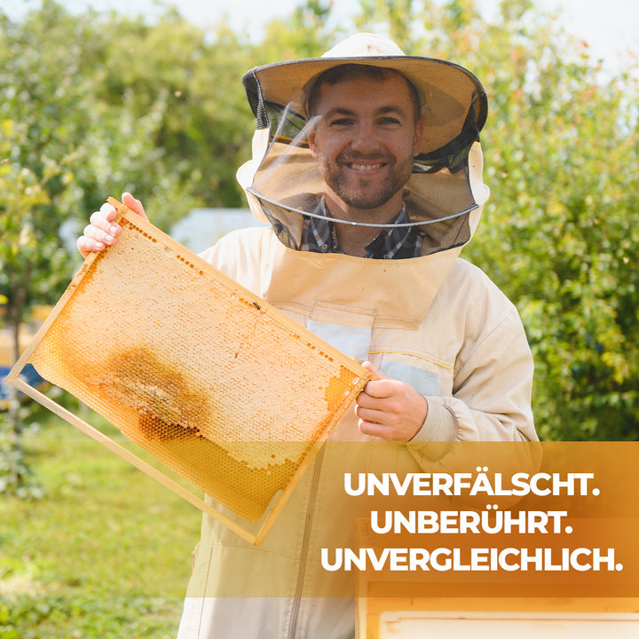 Imker hält frische Bio-Honigwabe – unverfälschter Wabenhonig direkt aus der Imkerei