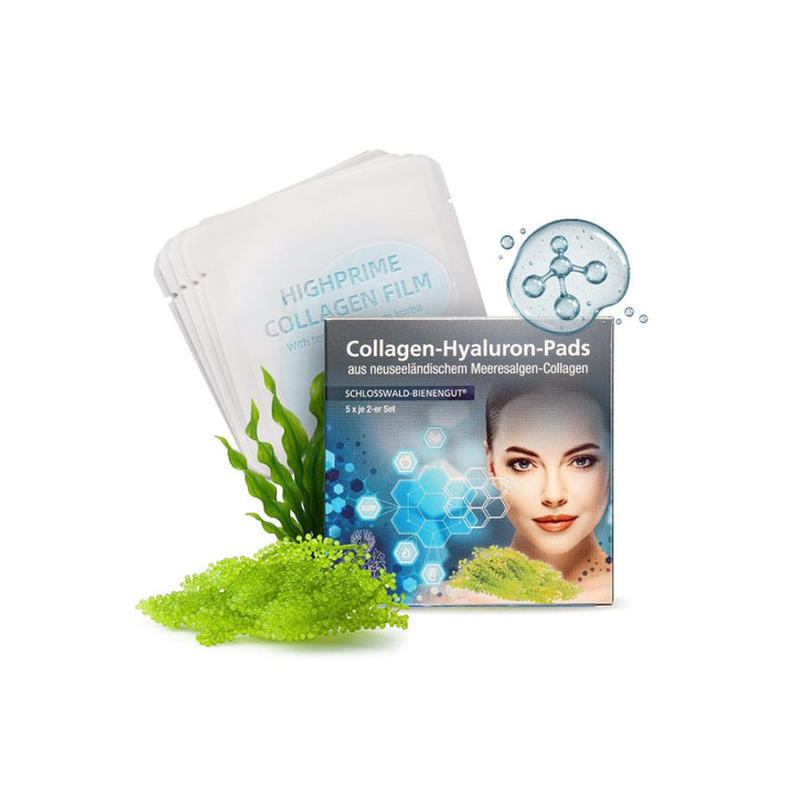Collagen-Hyaluron-Pads von Schlosswald Bienengut mit Verpackung und Meeresalgen