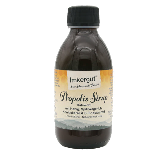 Imkergut Propolis Sirup Halswohl 200 ml – alkoholfrei, mit Honig, Spitzwegerich, Königskerze & Süßholzwurzel, in Braunglasflasche