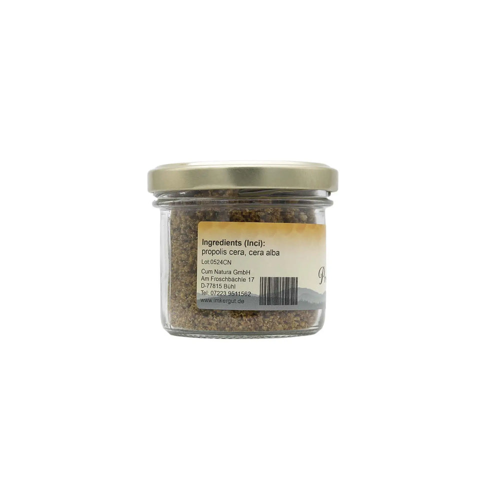 Premium Rohpropolis 50g – Rückseitenetikett mit Inhaltsstoffen, Imkergut Cum Natura