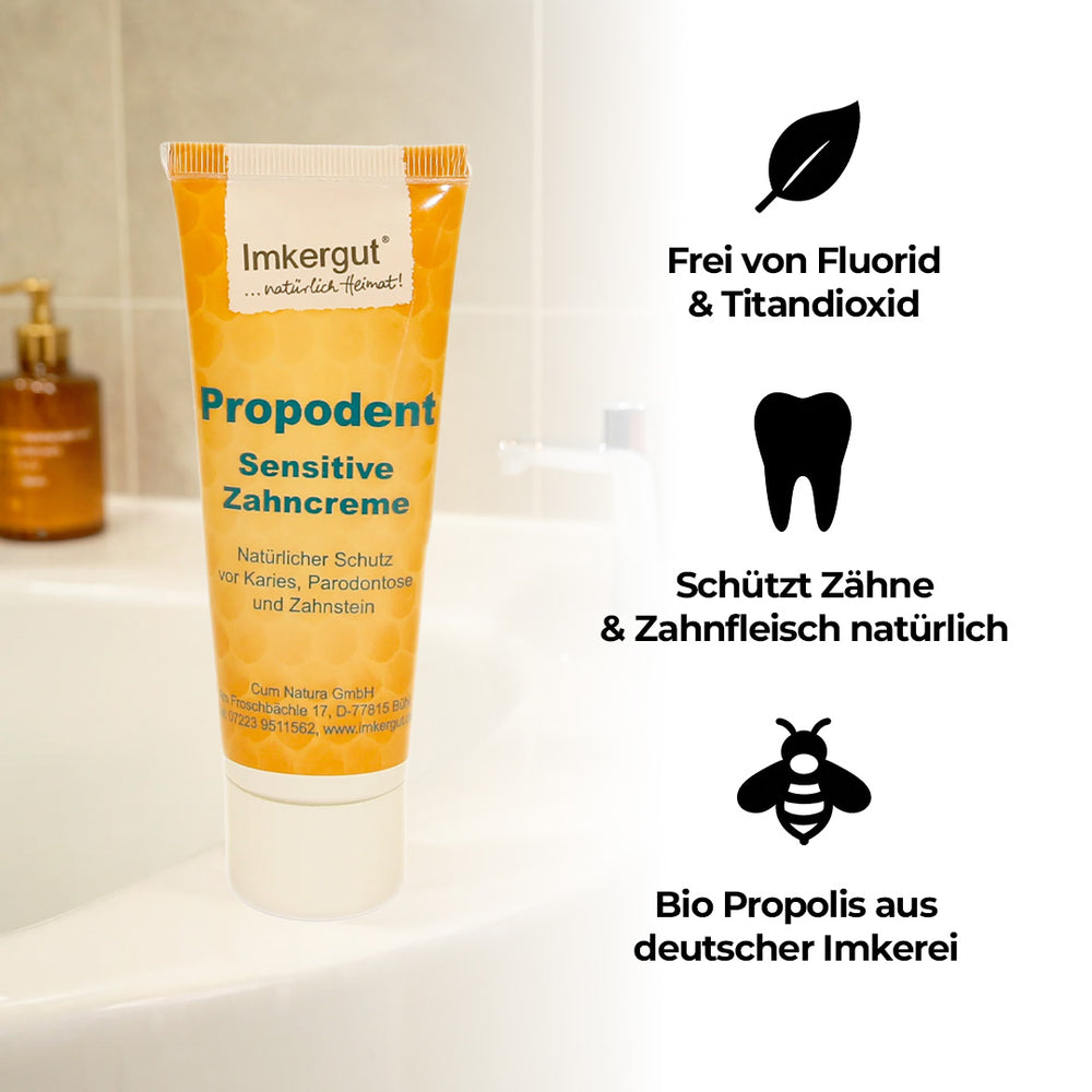 Propodent Zahncreme mit Propolis – Detailansicht Verpackung und Tube 