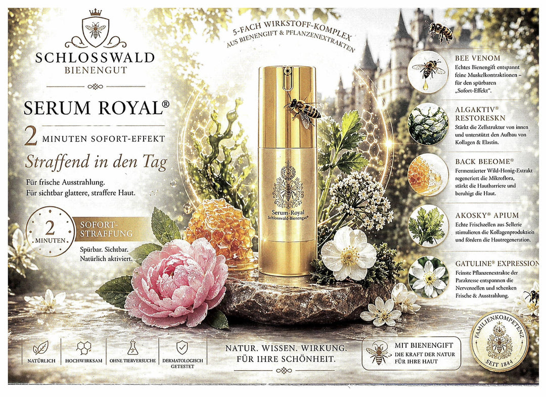 Produktinformationen mit Inhaltsstoffen und Anwendung der Serum-Royal Bienengift-Serum Probe